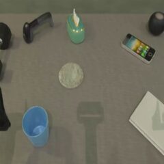RoboTwin: imagined progress for &ldquo;make sure the cylindrical light blue cup ends up on the flat round wooden coaster&rdquo;